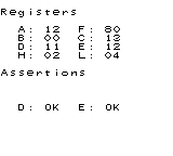 Registers
A: 12 F: 80
B: 00 C: 13
D: 11 E: 12
H: 02 L: 04
Assertions
D: OK E: OK