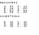 REGISTERS
A: FF F: 00
B: FE C: FF
D: E0 E: E4
H: FE L: FF
ASSERTIONS
B: OK C: OK
D: OK E: OK
H: OK L: OK