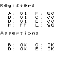 Registers
A: 01 F: 80
B: 01 C: 00
D: 01 E: 00
H: FF L: 96
Assertions
B: OK C: OK
D: OK E: OK